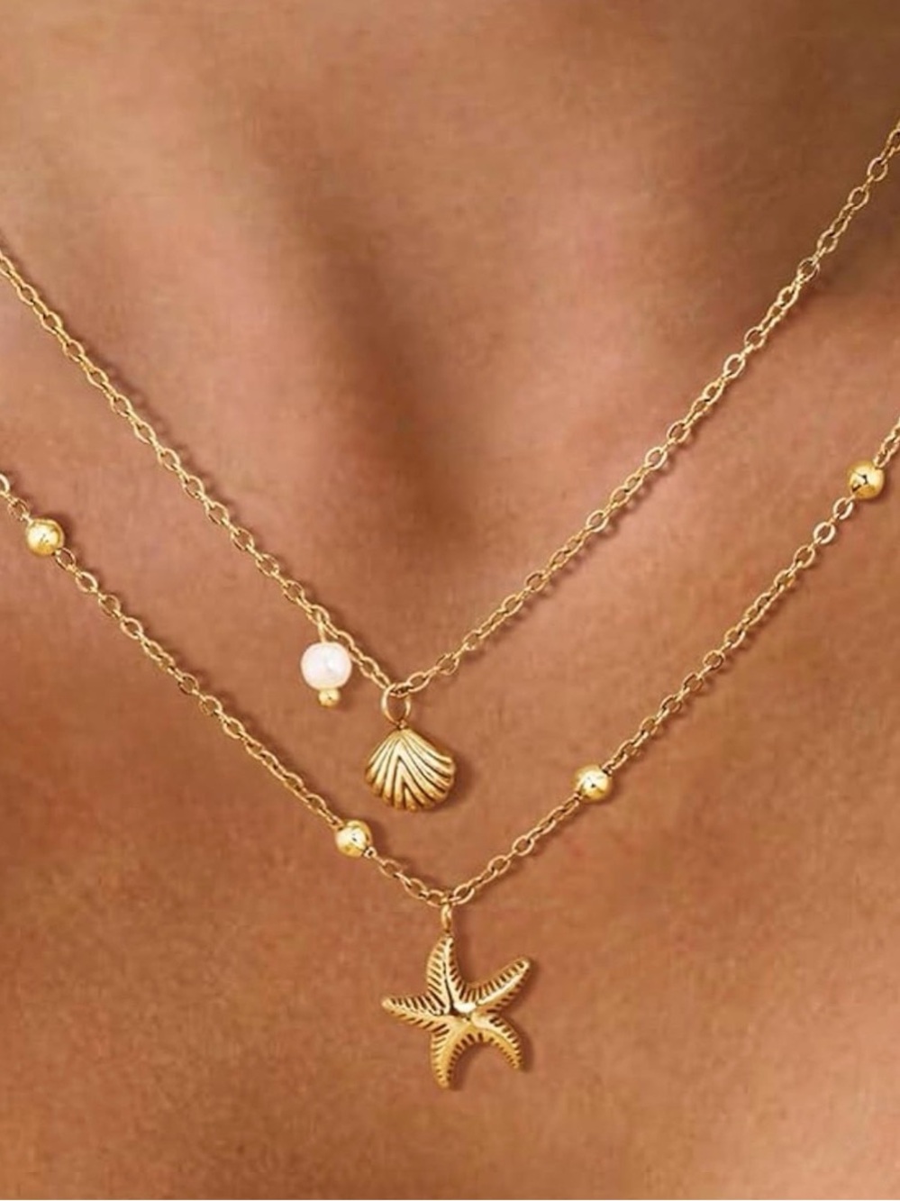 Gold Seashell & Starfish Layered Necklace - Women Jewelry